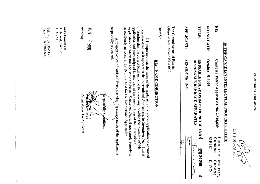 Document de brevet canadien 2346639. Correspondance 20010620. Image 1 de 1