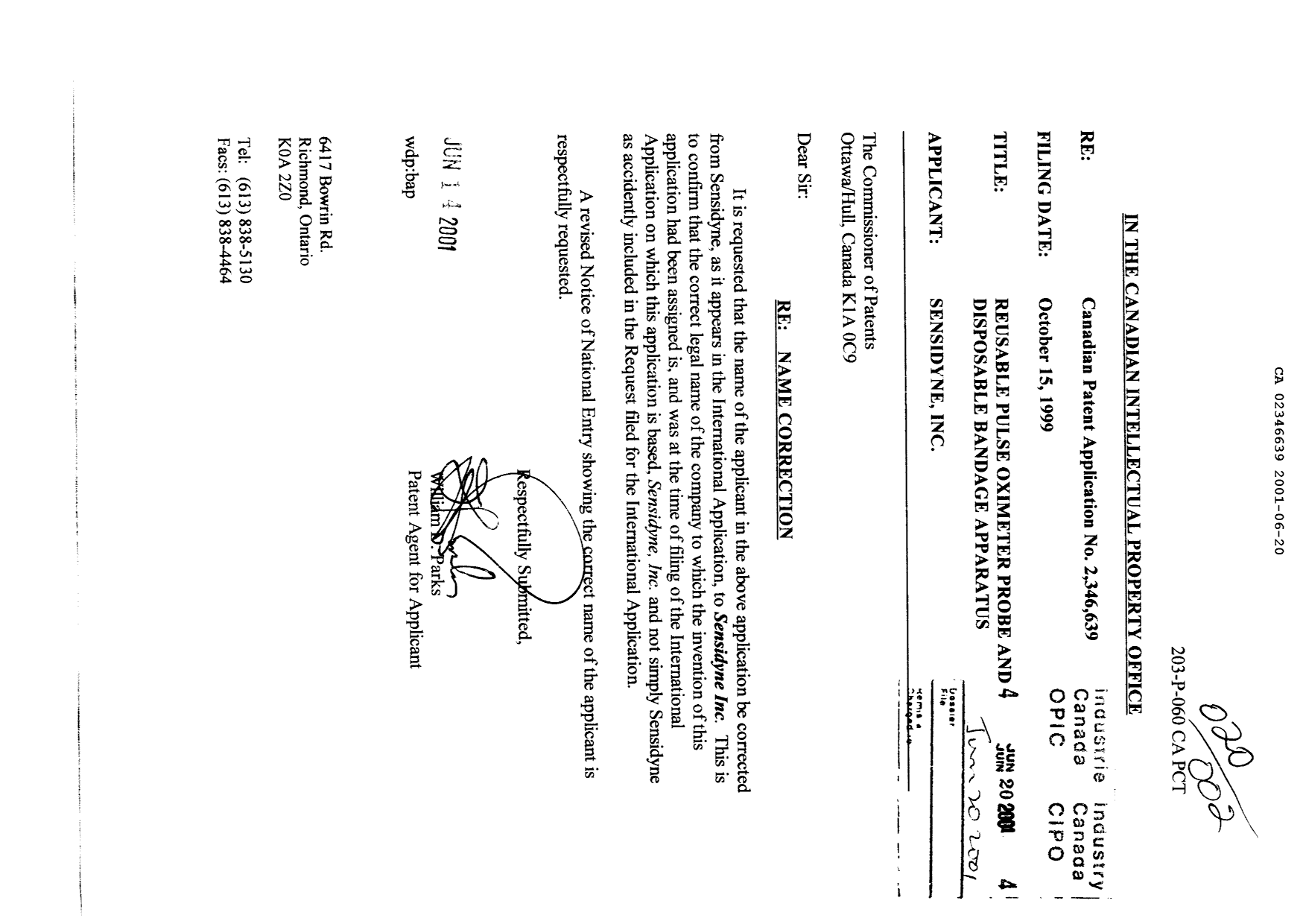 Canadian Patent Document 2346639. Correspondence 20010620. Image 1 of 1