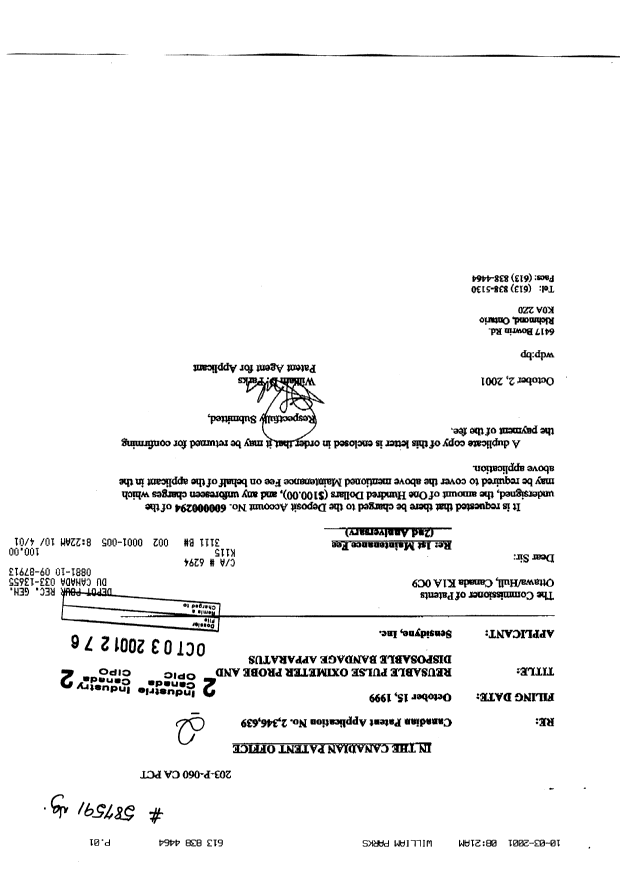 Canadian Patent Document 2346639. Fees 20011003. Image 1 of 1