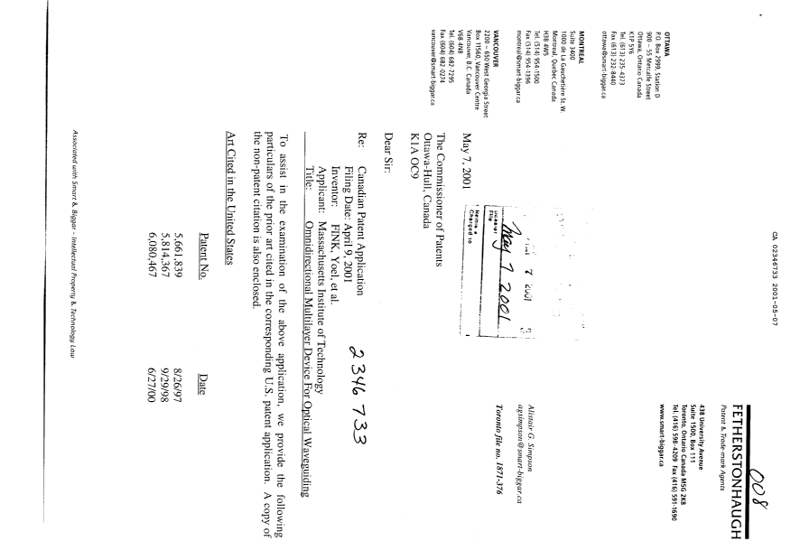 Document de brevet canadien 2346733. Poursuite-Amendment 20010507. Image 1 de 2