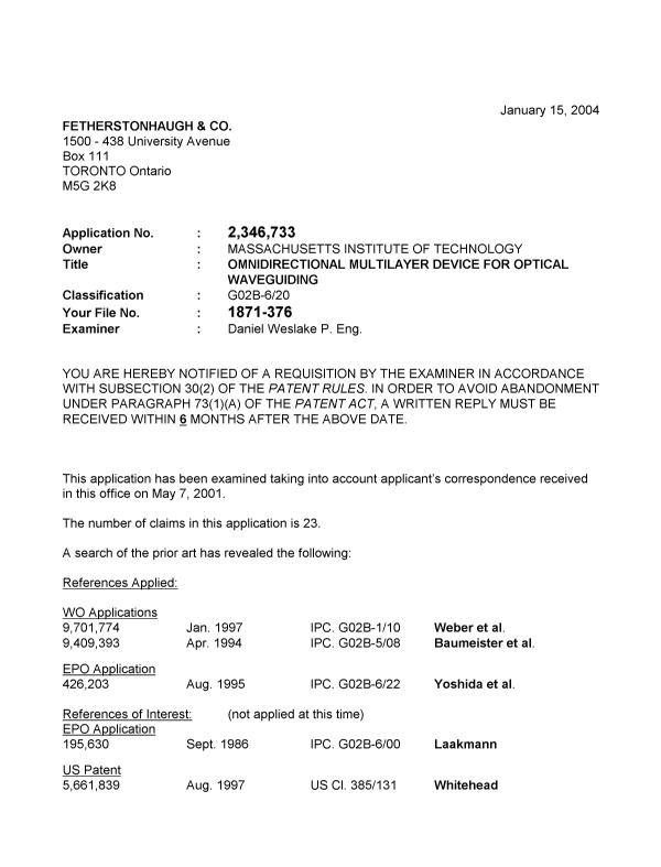 Canadian Patent Document 2346733. Prosecution-Amendment 20040115. Image 1 of 8