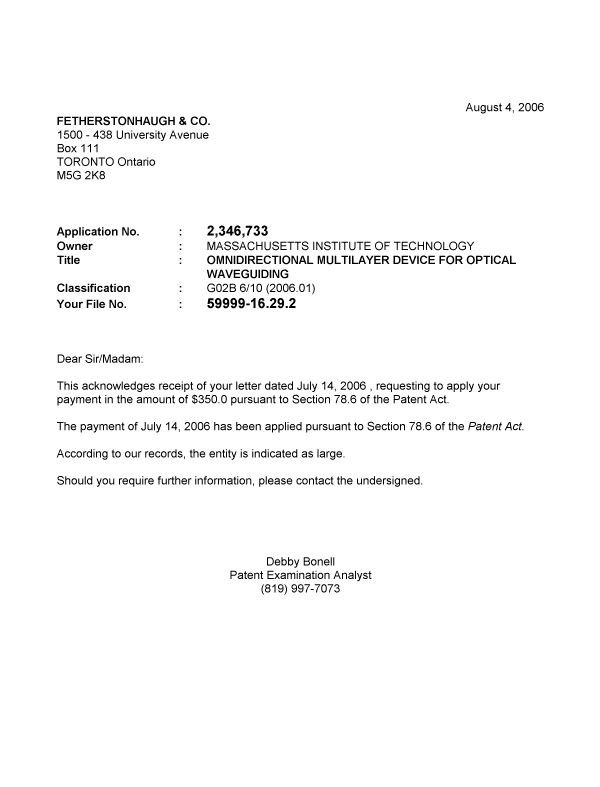 Canadian Patent Document 2346733. Correspondence 20060804. Image 1 of 1