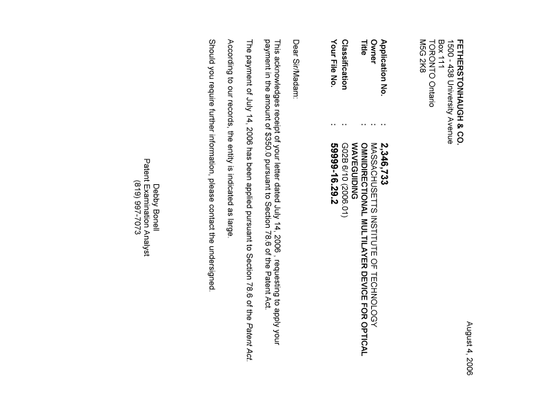 Document de brevet canadien 2346733. Correspondance 20060804. Image 1 de 1