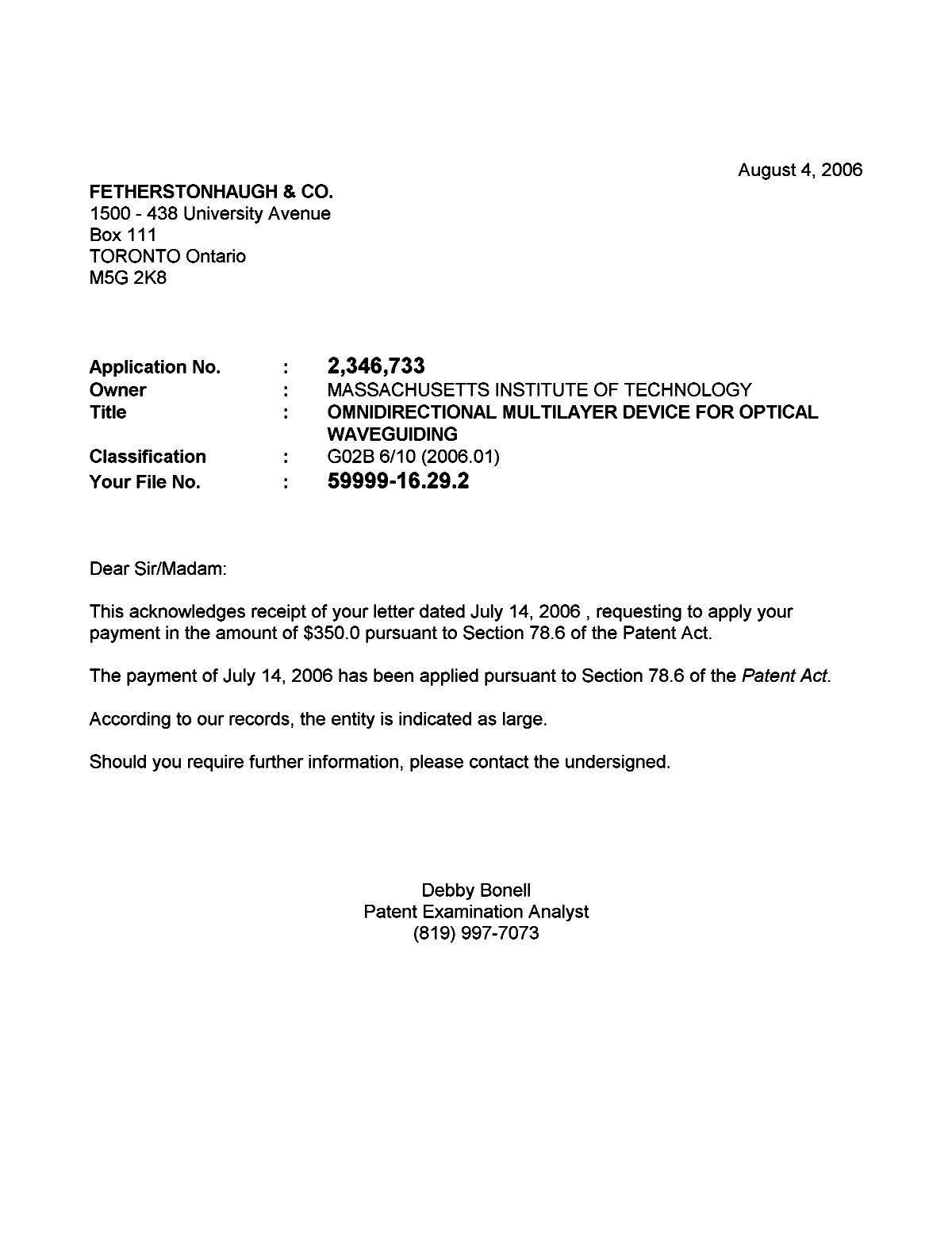 Document de brevet canadien 2346733. Correspondance 20060804. Image 1 de 1