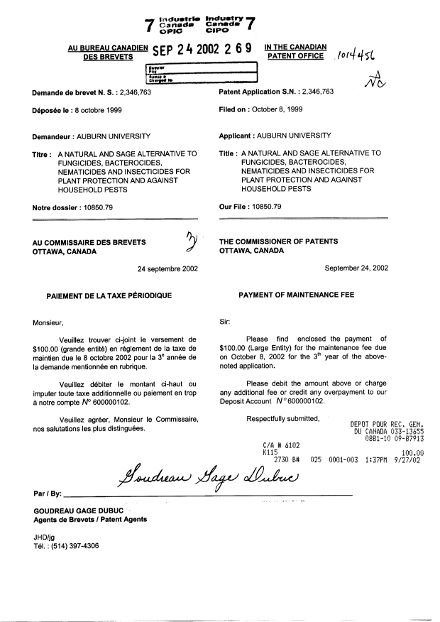 Canadian Patent Document 2346763. Fees 20020924. Image 1 of 1