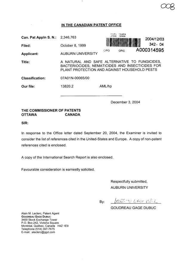 Canadian Patent Document 2346763. Prosecution-Amendment 20041203. Image 1 of 1