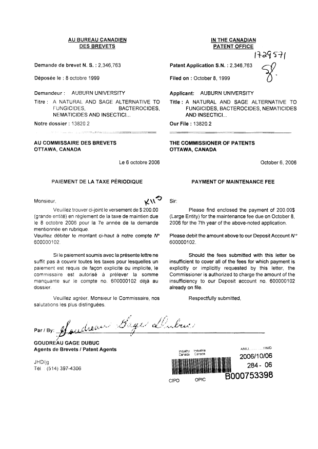 Canadian Patent Document 2346763. Fees 20061006. Image 1 of 1