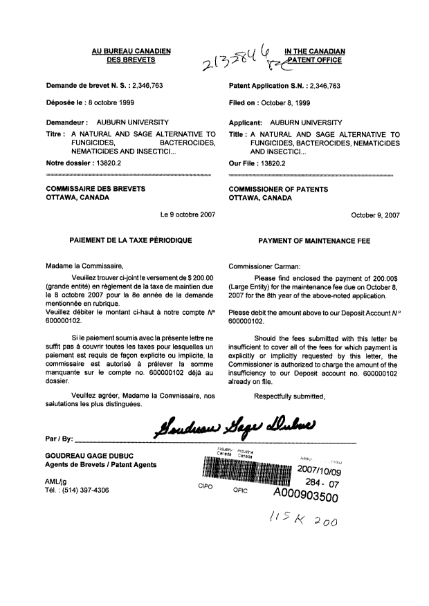 Canadian Patent Document 2346763. Fees 20071009. Image 1 of 1