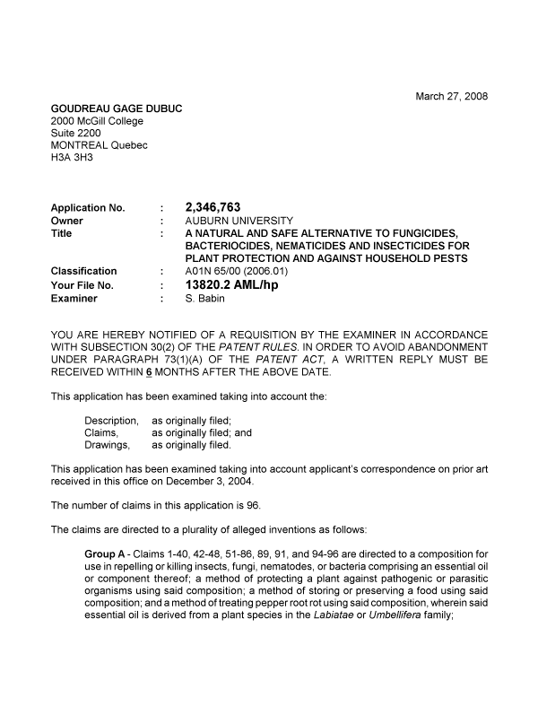Canadian Patent Document 2346763. Prosecution-Amendment 20080327. Image 1 of 5