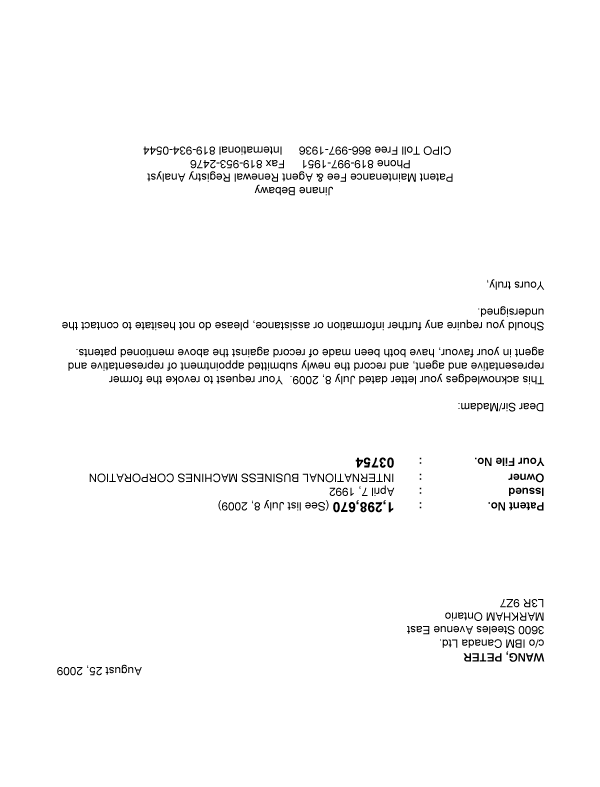 Canadian Patent Document 2346991. Correspondence 20090825. Image 1 of 1