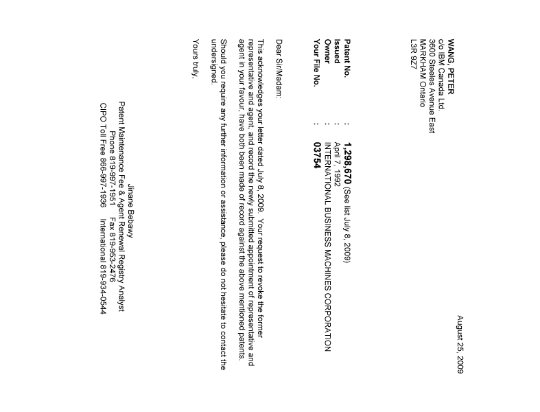 Document de brevet canadien 2346991. Correspondance 20090825. Image 1 de 1