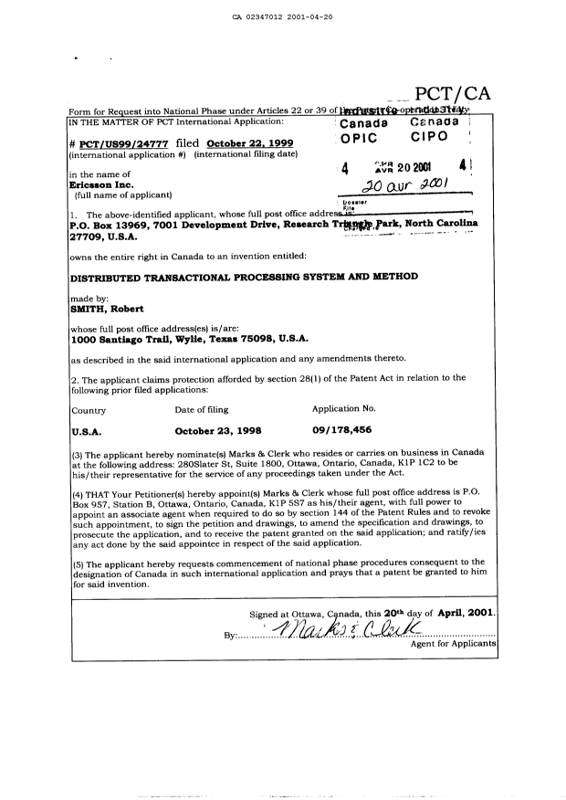 Document de brevet canadien 2347012. Cession 20010420. Image 2 de 9