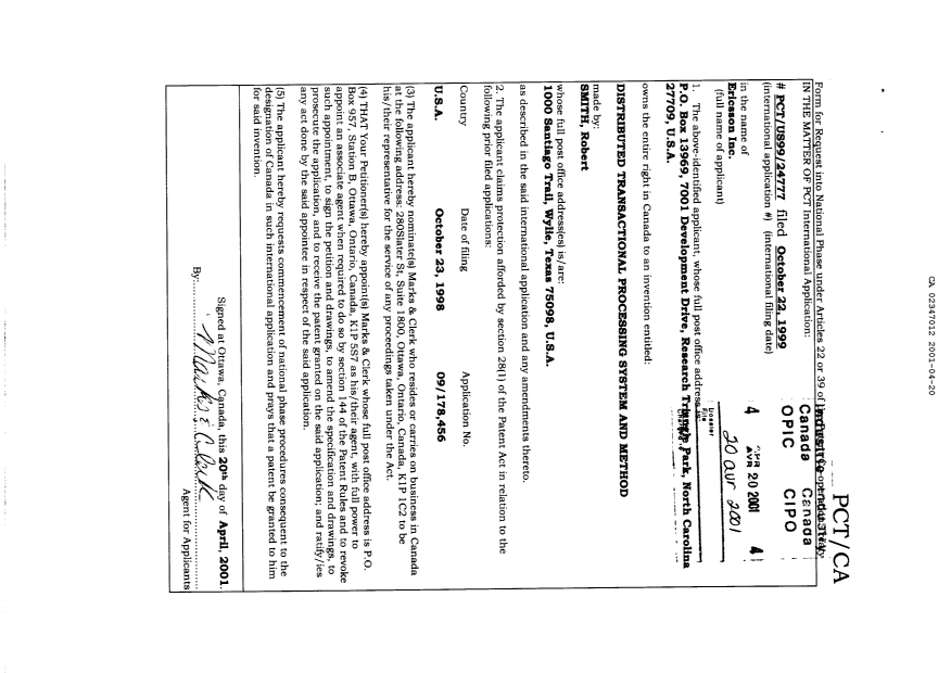 Canadian Patent Document 2347012. Assignment 20010420. Image 2 of 9