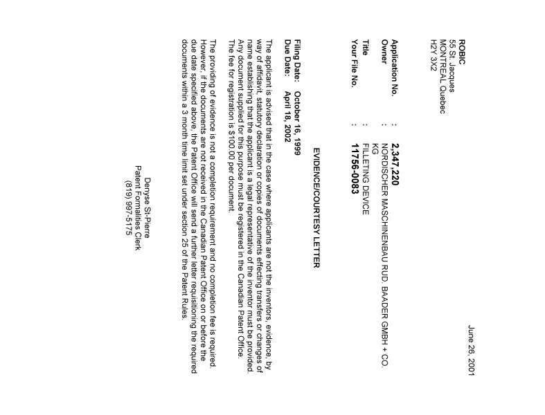 Document de brevet canadien 2347220. Correspondance 20010621. Image 1 de 1