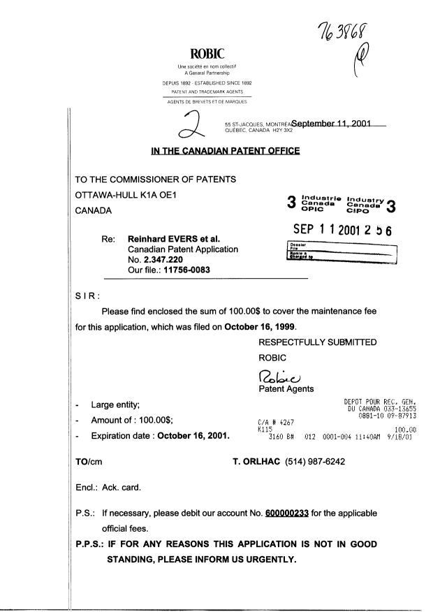 Document de brevet canadien 2347220. Taxes 20010911. Image 1 de 1