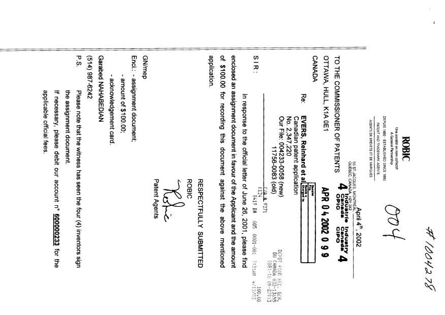 Document de brevet canadien 2347220. Cession 20020404. Image 1 de 2