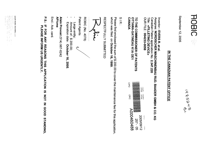 Document de brevet canadien 2347220. Taxes 20050912. Image 1 de 1