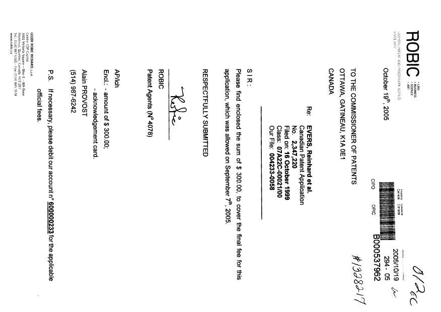 Document de brevet canadien 2347220. Correspondance 20051019. Image 1 de 1