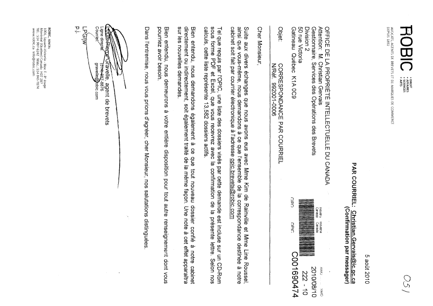 Document de brevet canadien 2347220. Correspondance 20100810. Image 1 de 1
