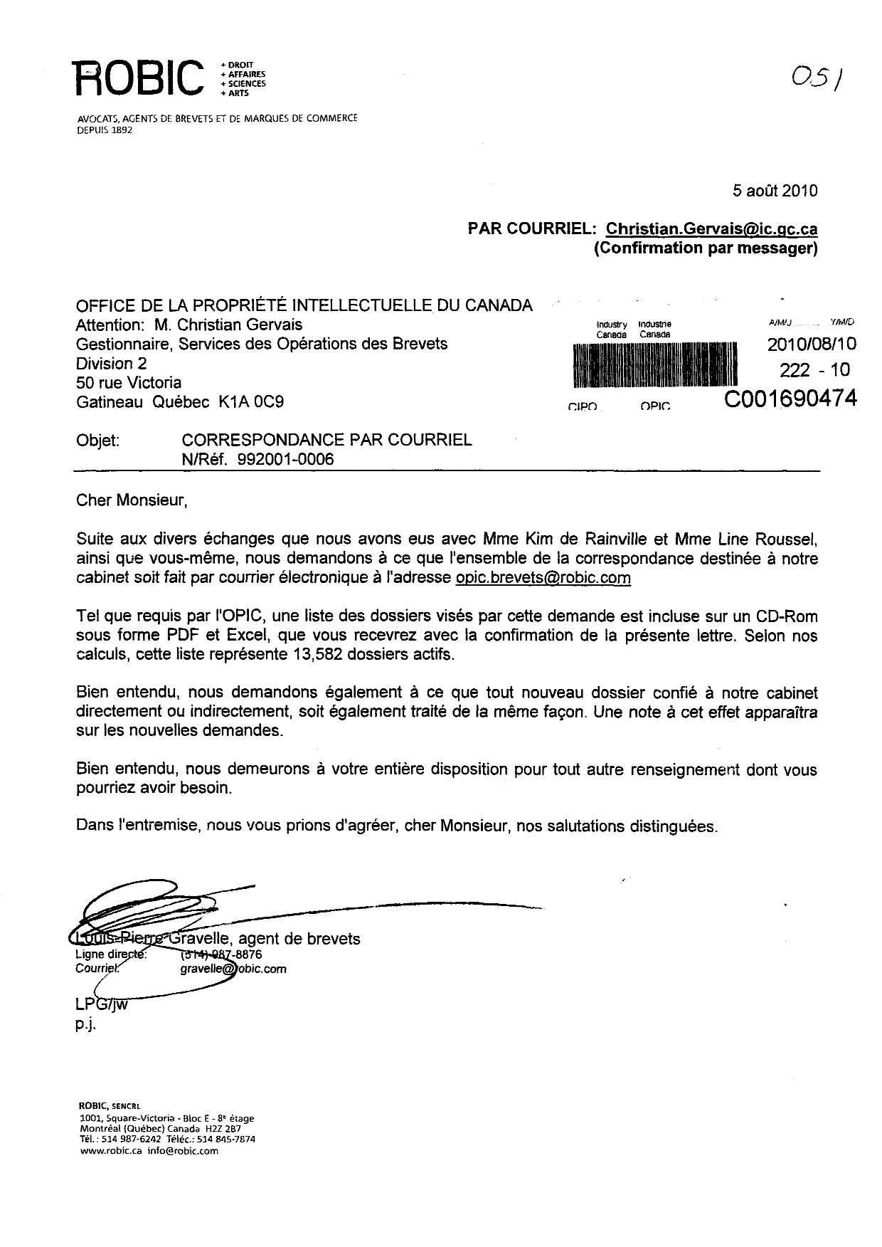 Document de brevet canadien 2347220. Correspondance 20100810. Image 1 de 1