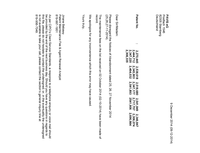 Document de brevet canadien 2347220. Correspondance 20141209. Image 1 de 1
