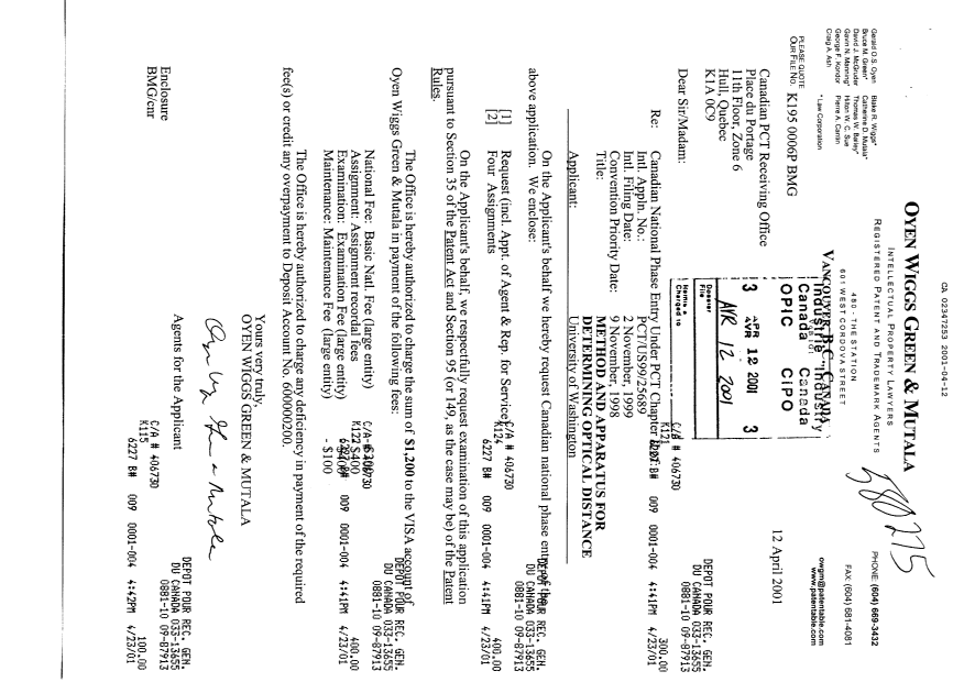 Document de brevet canadien 2347253. Cession 20010412. Image 1 de 6