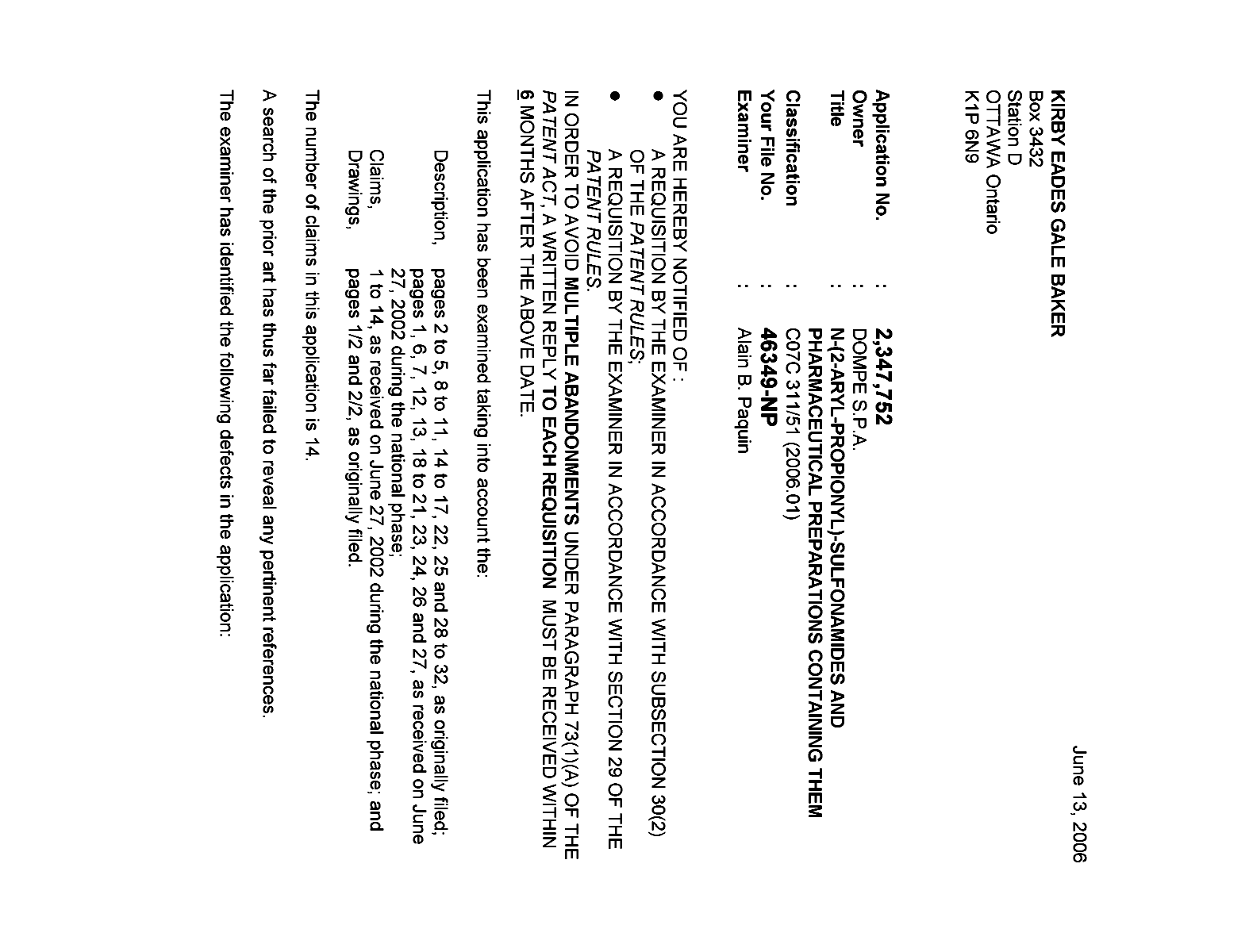 Canadian Patent Document 2347752. Prosecution-Amendment 20060613. Image 1 of 3