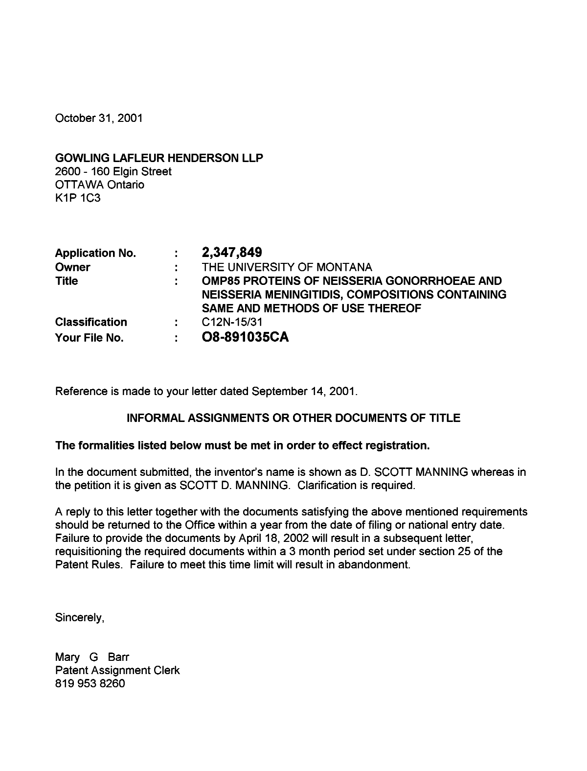 Document de brevet canadien 2347849. Correspondance 20011031. Image 1 de 1