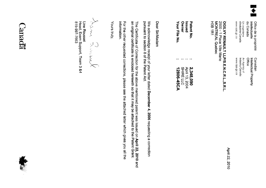 Canadian Patent Document 2348090. Prosecution-Amendment 20091222. Image 1 of 4