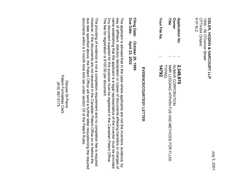 Document de brevet canadien 2348670. Correspondance 20010628. Image 1 de 1
