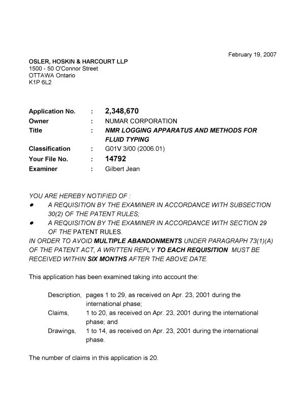 Canadian Patent Document 2348670. Prosecution-Amendment 20070219. Image 1 of 4