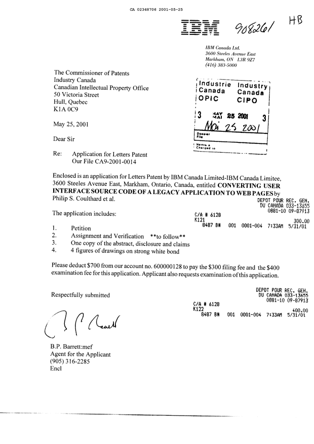 Document de brevet canadien 2348706. Cession 20010525. Image 1 de 2