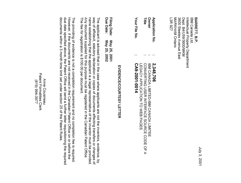 Document de brevet canadien 2348706. Correspondance 20010628. Image 1 de 1