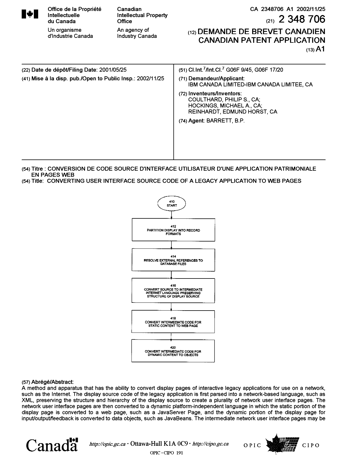 Document de brevet canadien 2348706. Page couverture 20021115. Image 1 de 2