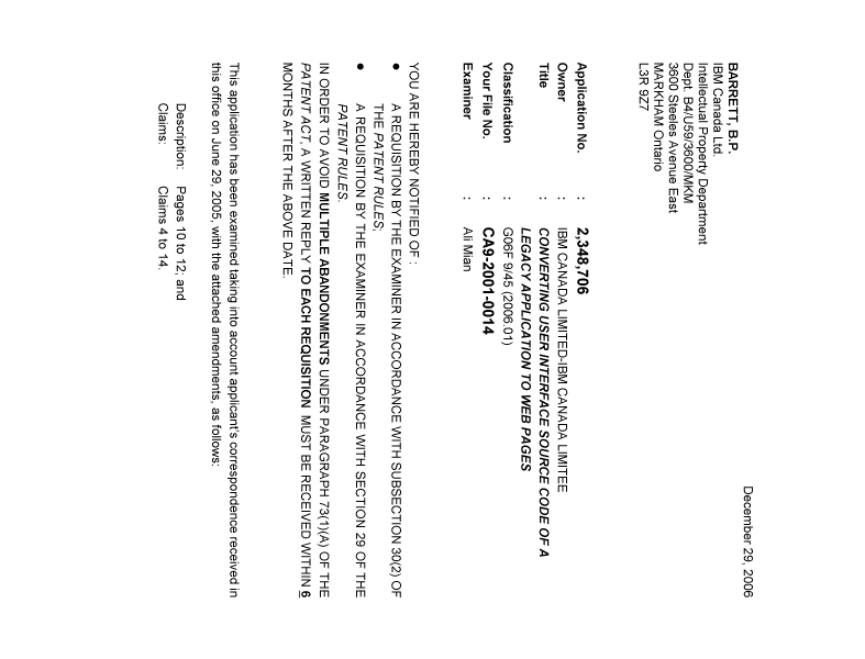 Document de brevet canadien 2348706. Poursuite-Amendment 20061229. Image 1 de 5
