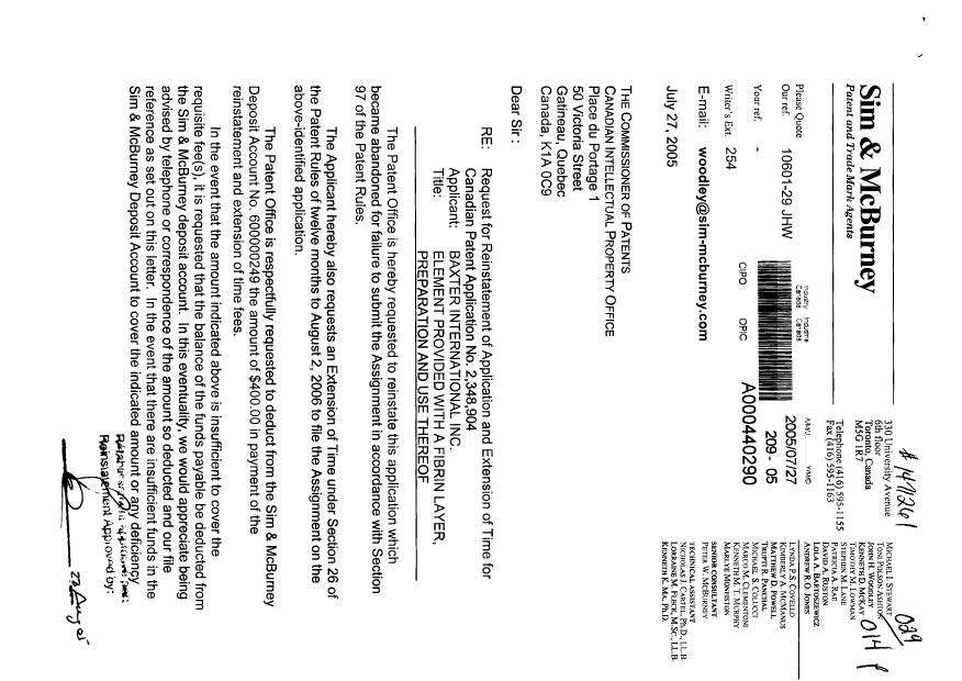 Document de brevet canadien 2348904. Correspondance 20050727. Image 1 de 2