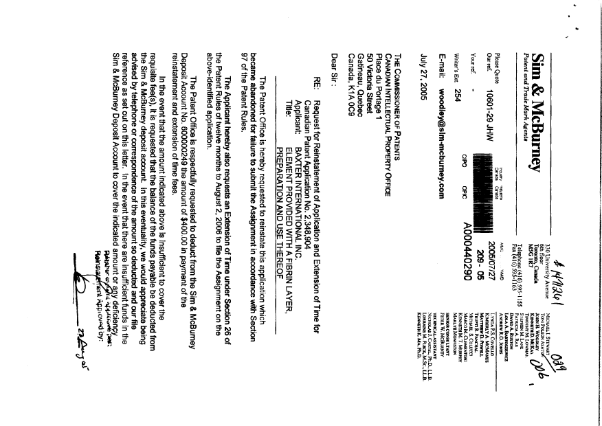 Document de brevet canadien 2348904. Correspondance 20050727. Image 1 de 1