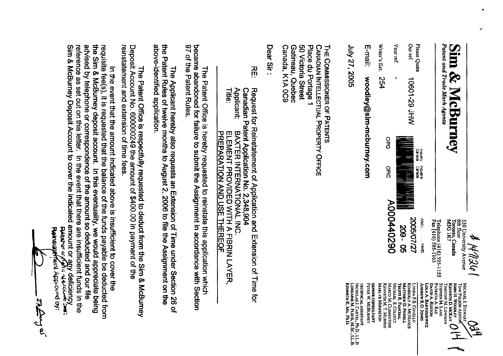 Canadian Patent Document 2348904. Correspondence 20050727. Image 1 of 2