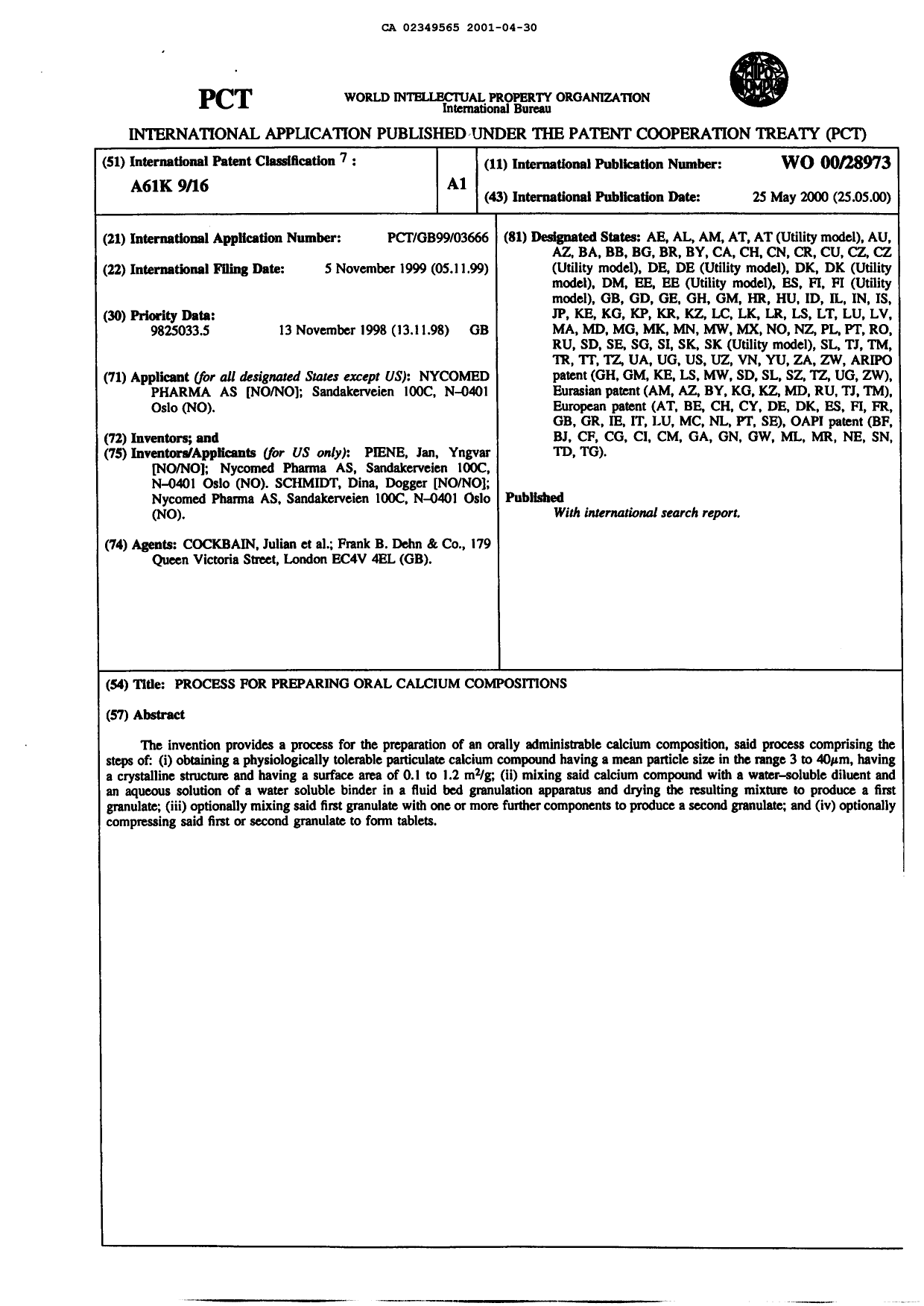 Document de brevet canadien 2349565. Abrégé 20001230. Image 1 de 1