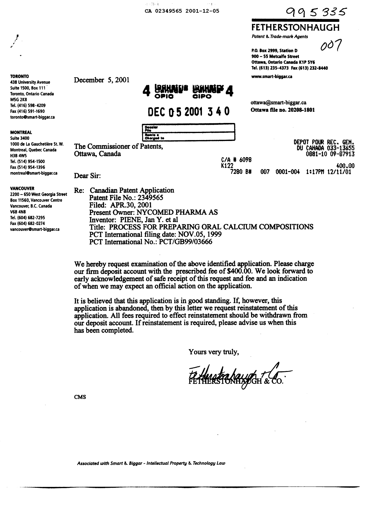 Document de brevet canadien 2349565. Poursuite-Amendment 20011205. Image 1 de 1