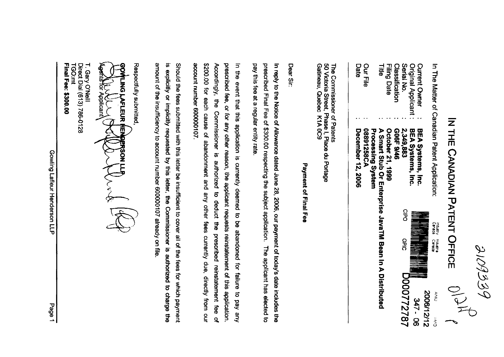 Document de brevet canadien 2349883. Correspondance 20051212. Image 1 de 1