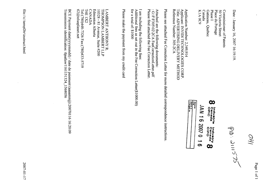 Canadian Patent Document 2349914. Prosecution-Amendment 20070116. Image 1 of 3