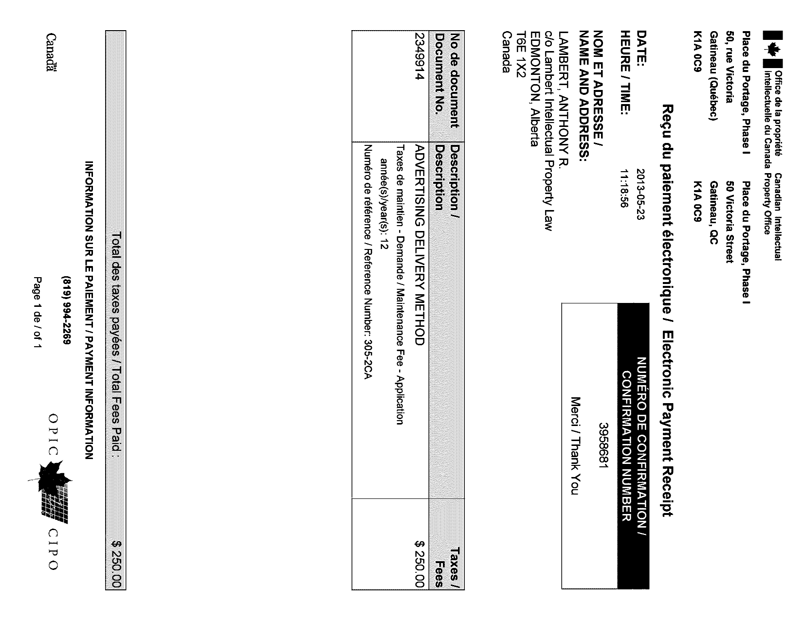 Document de brevet canadien 2349914. Taxes 20130523. Image 1 de 1