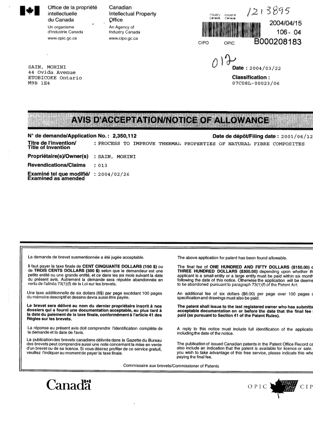 Document de brevet canadien 2350112. Correspondance 20031215. Image 1 de 1