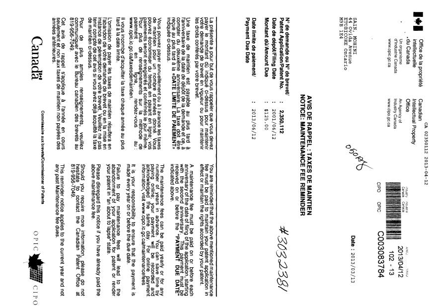 Canadian Patent Document 2350112. Fees 20121212. Image 1 of 1