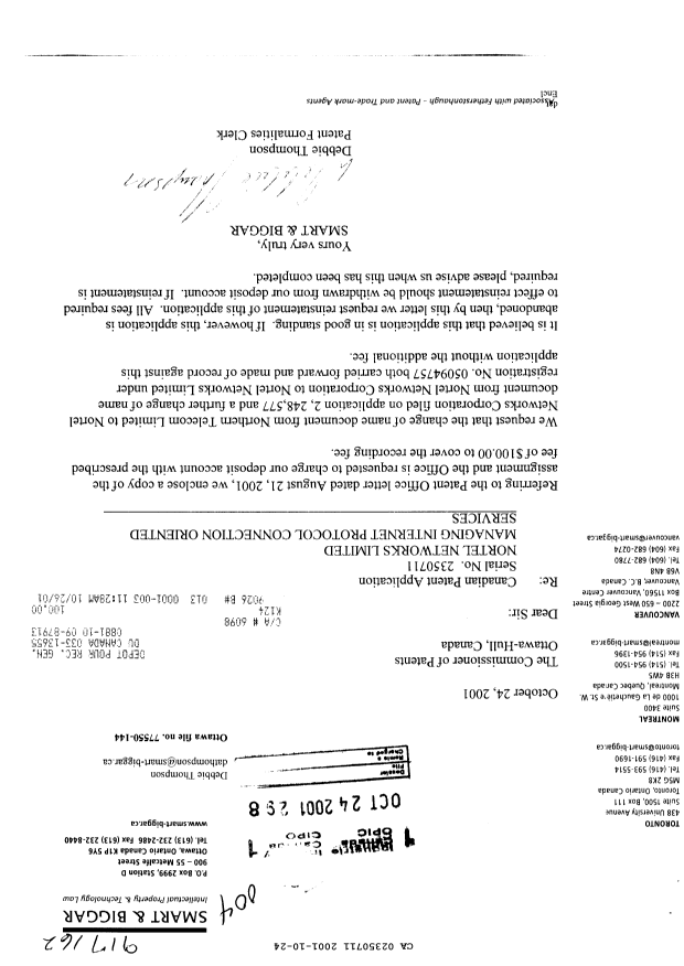 Canadian Patent Document 2350711. Assignment 20011024. Image 1 of 2
