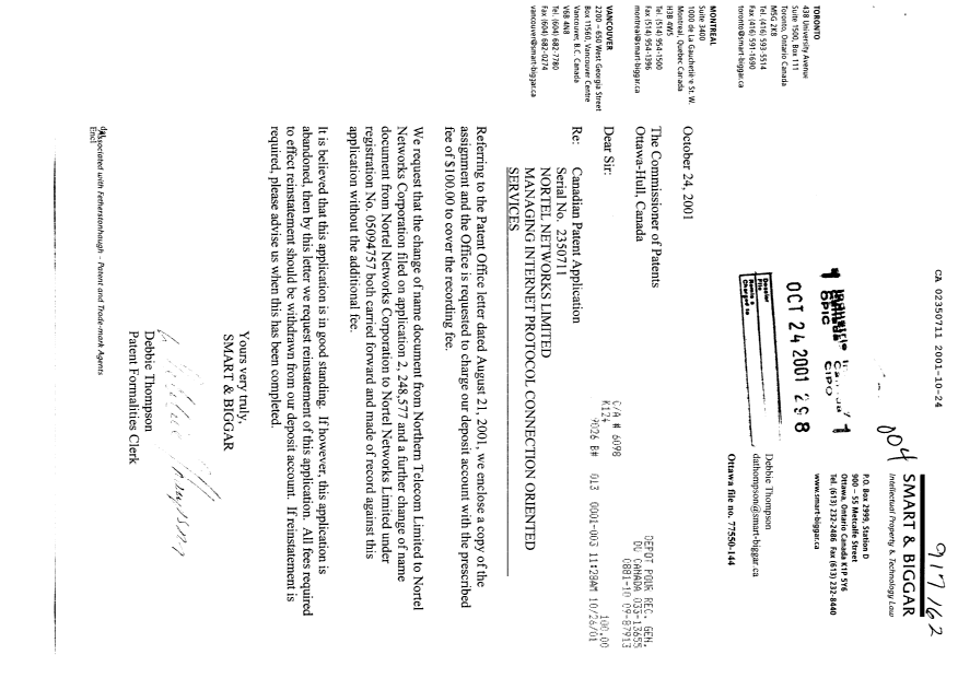Document de brevet canadien 2350711. Cession 20011024. Image 1 de 2