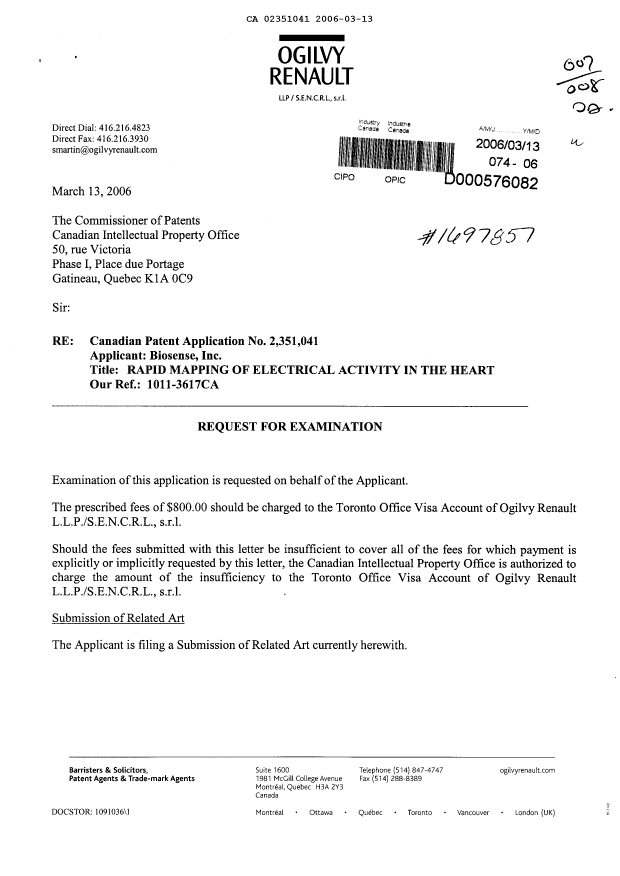 Canadian Patent Document 2351041. Prosecution-Amendment 20060313. Image 1 of 4