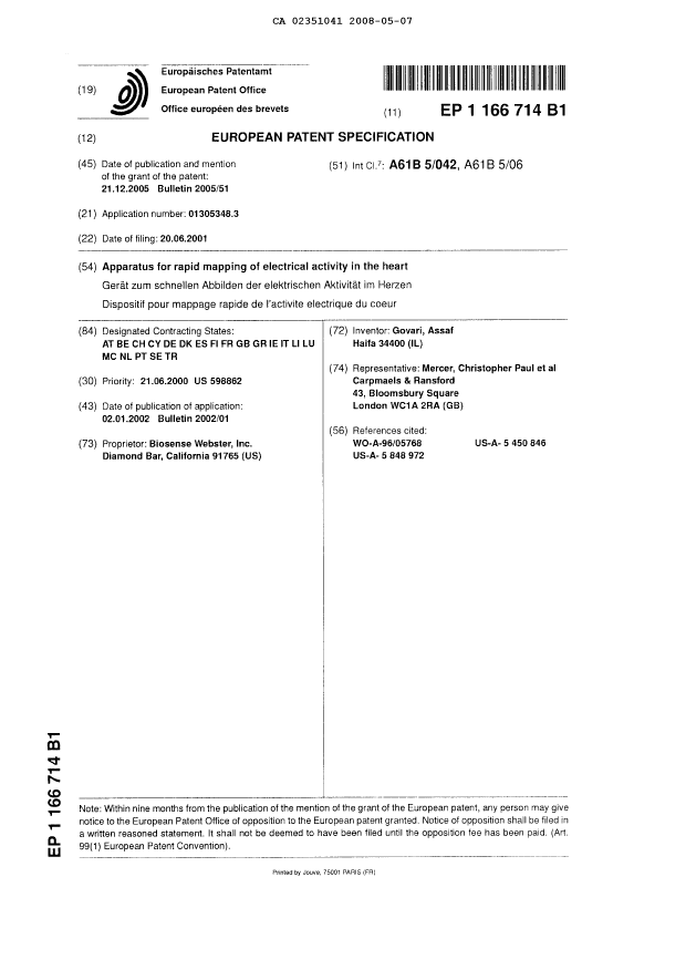 Canadian Patent Document 2351041. Prosecution-Amendment 20080507. Image 1 of 1