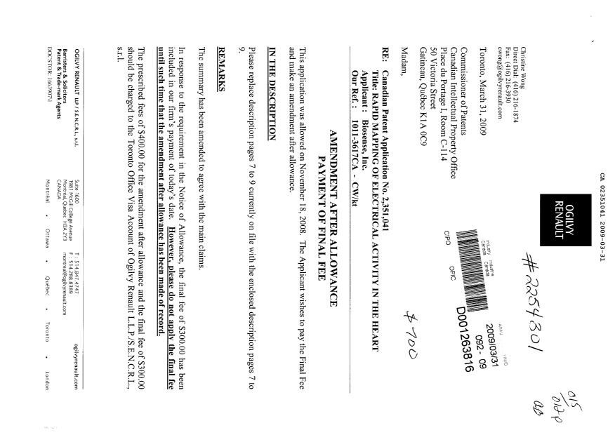 Document de brevet canadien 2351041. Poursuite-Amendment 20090331. Image 1 de 5
